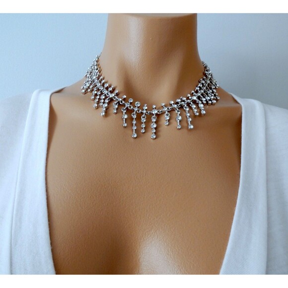 SET VTG ST. JOHN Silver Swarovski Crystal Choker Necklace Earrings  2000 Bridal - Picture 6 of 11